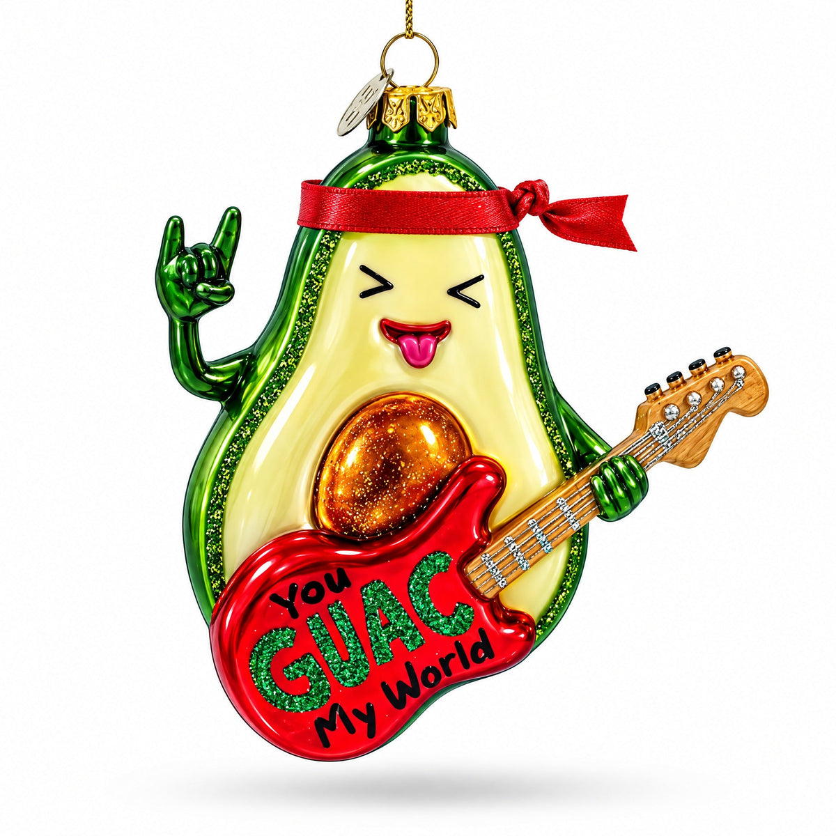 Musical Avocado Strumming a Guitar Glass Christmas Ornament