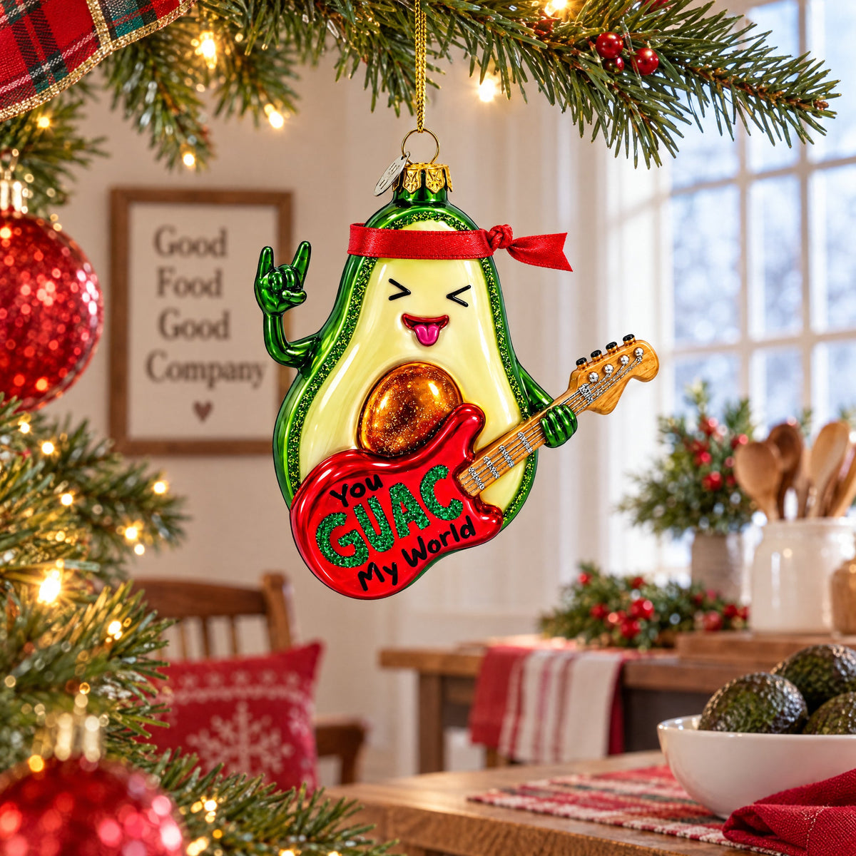 Musical Avocado Strumming a Guitar Glass Christmas Ornament