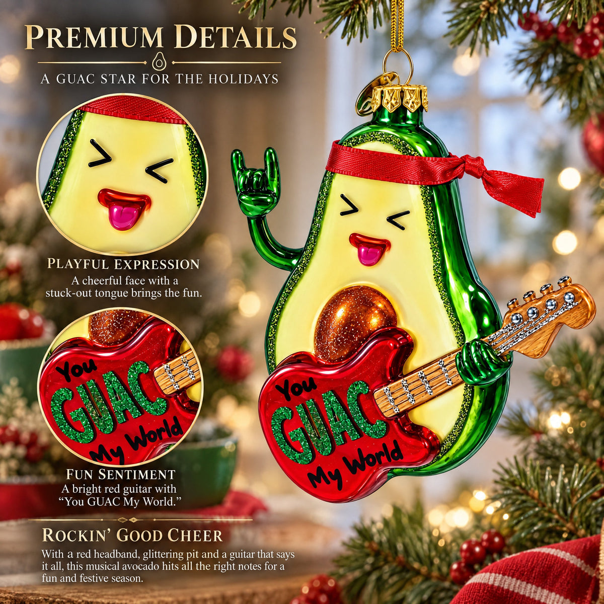 Musical Avocado Strumming a Guitar Glass Christmas Ornament