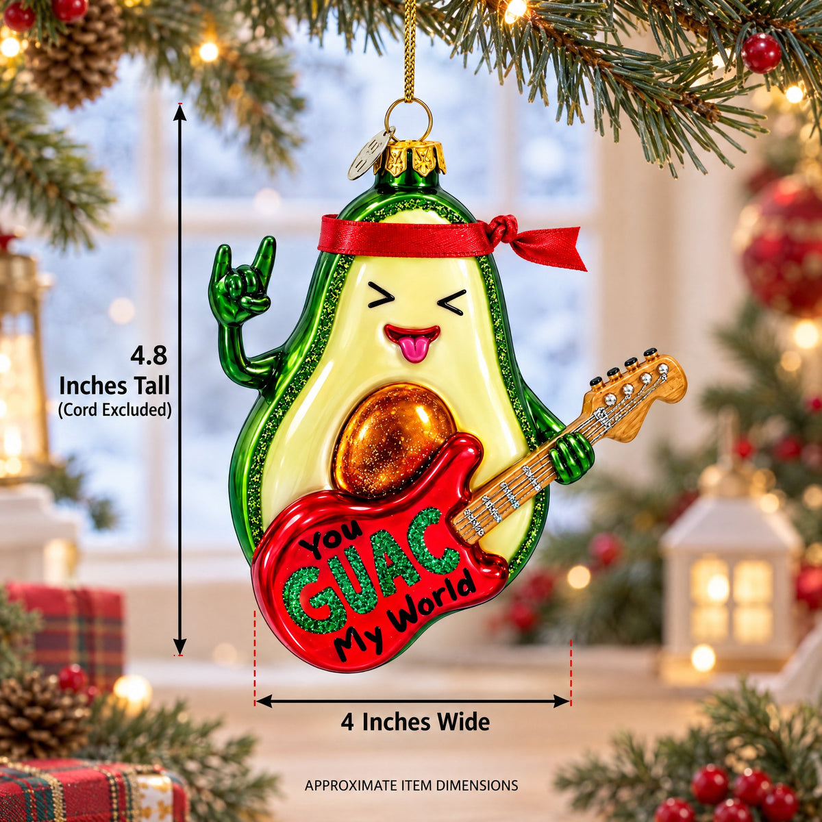 Musical Avocado Strumming a Guitar Glass Christmas Ornament