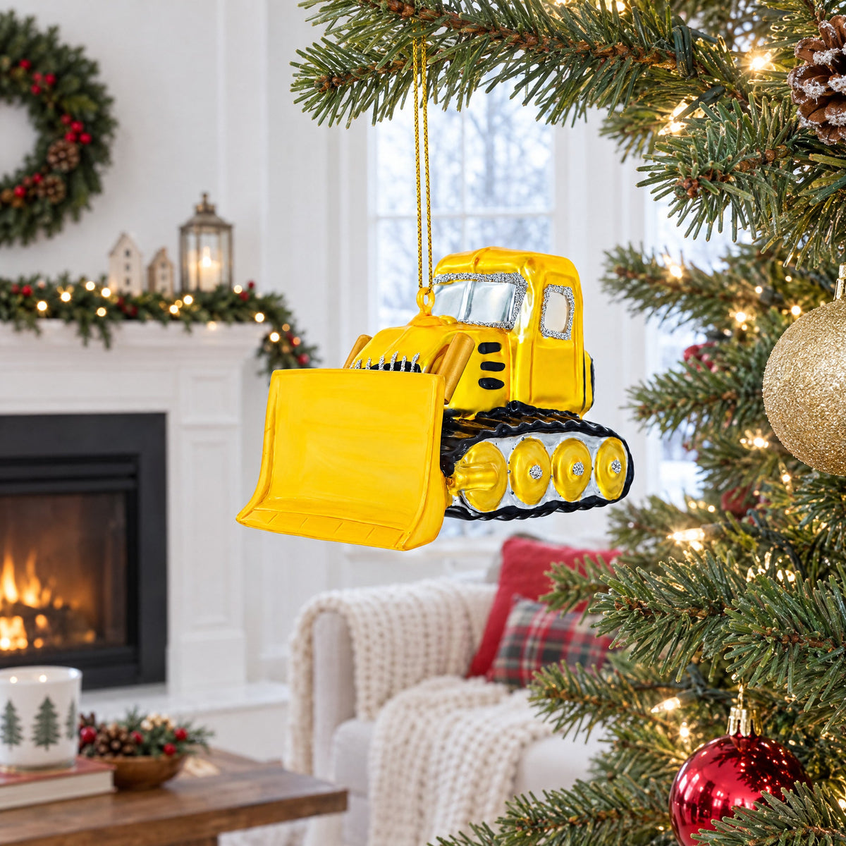 Bulldozer Glass Christmas Ornament