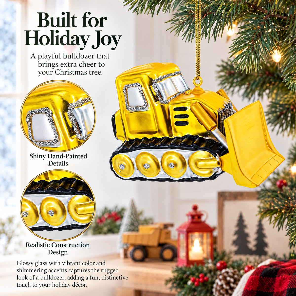Bulldozer Glass Christmas Ornament
