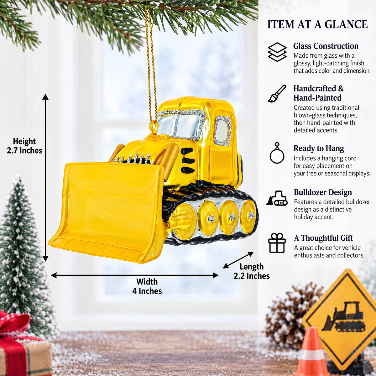Bulldozer Glass Christmas Ornament