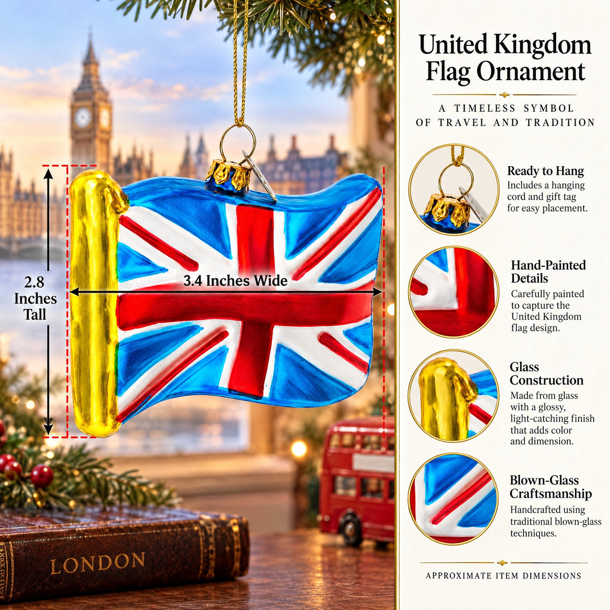Waving Flag of United Kingdom Glass Christmas Ornament