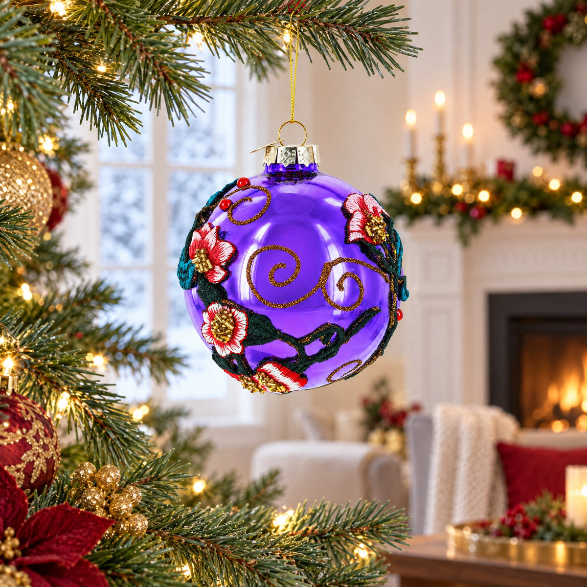 Embroidered Flowers on Purple Glass Ball Christmas Ornament