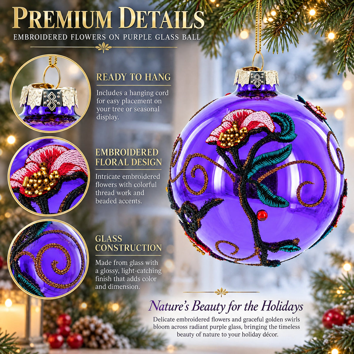 Embroidered Flowers on Purple Glass Ball Christmas Ornament