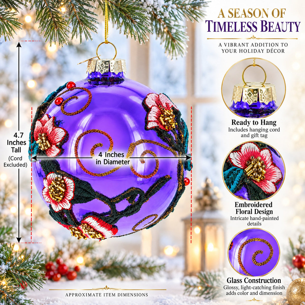 Embroidered Flowers on Purple Glass Ball Christmas Ornament