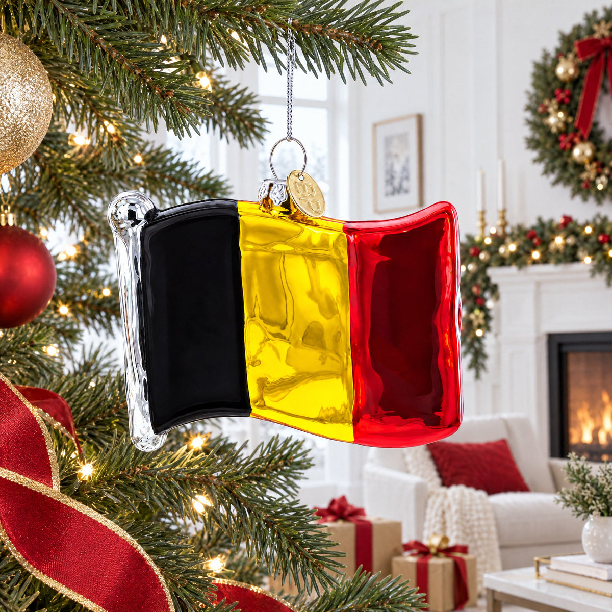 Waving Flag of Belgium Glass Christmas Ornament
