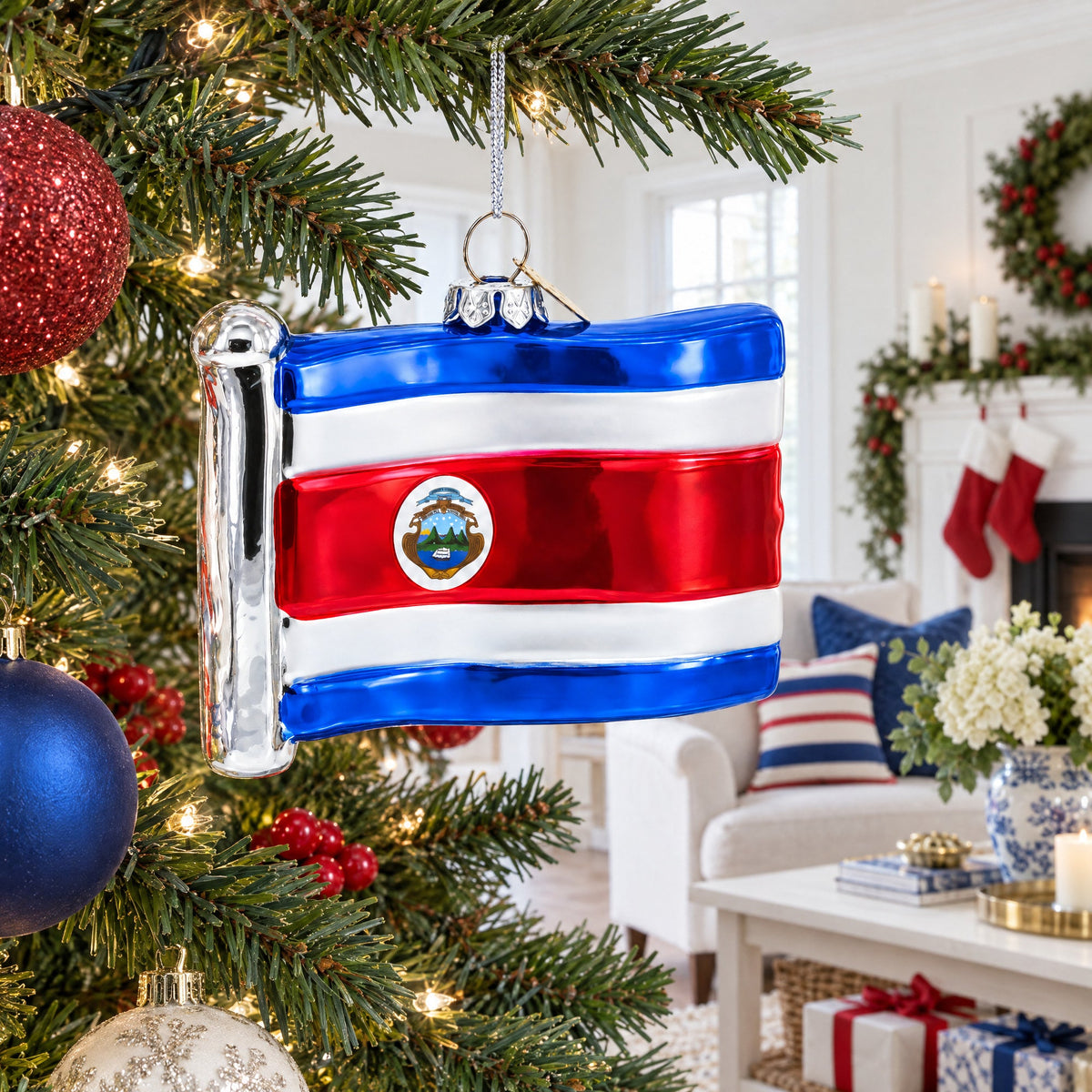Waving Flag of Costa Rica Glass Christmas Ornament
