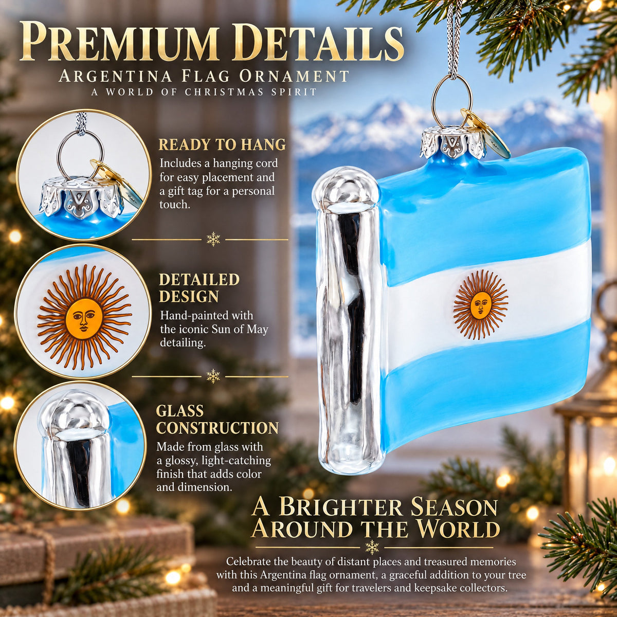 Waving Flag of Argentina Glass Christmas Ornament