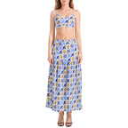 Talavera Sol style Bralette Top and High Slit Thigh Skirt Set with yellow sun and bright blue tiles