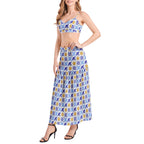 Talavera Sol style Bralette Top and High Slit Thigh Skirt Set with yellow sun and bright blue tiles