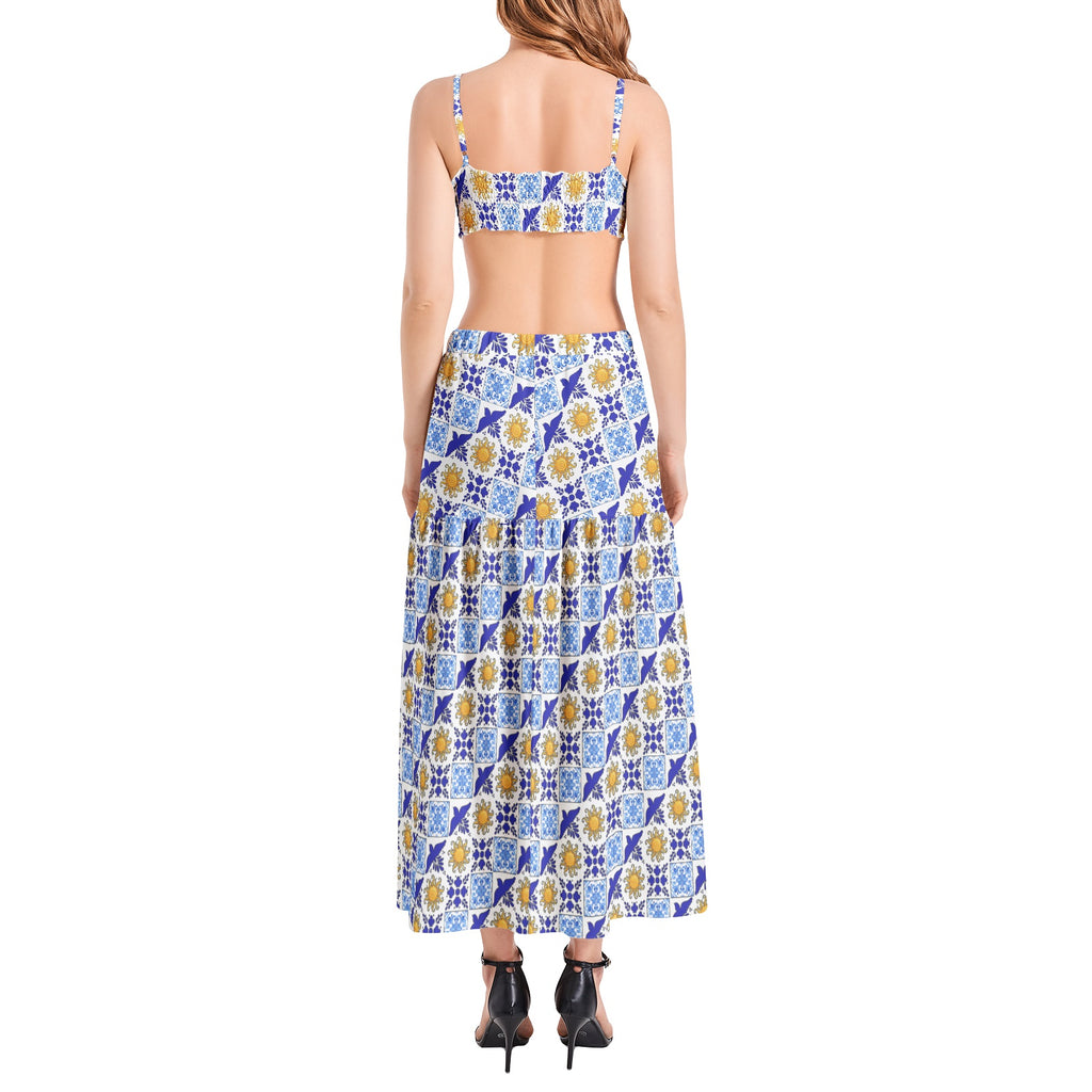 Talavera Sol style Bralette Top and High Slit Thigh Skirt Set with yellow sun and bright blue tiles