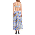 Talavera Sol style Bralette Top and High Slit Thigh Skirt Set with yellow sun and bright blue tiles