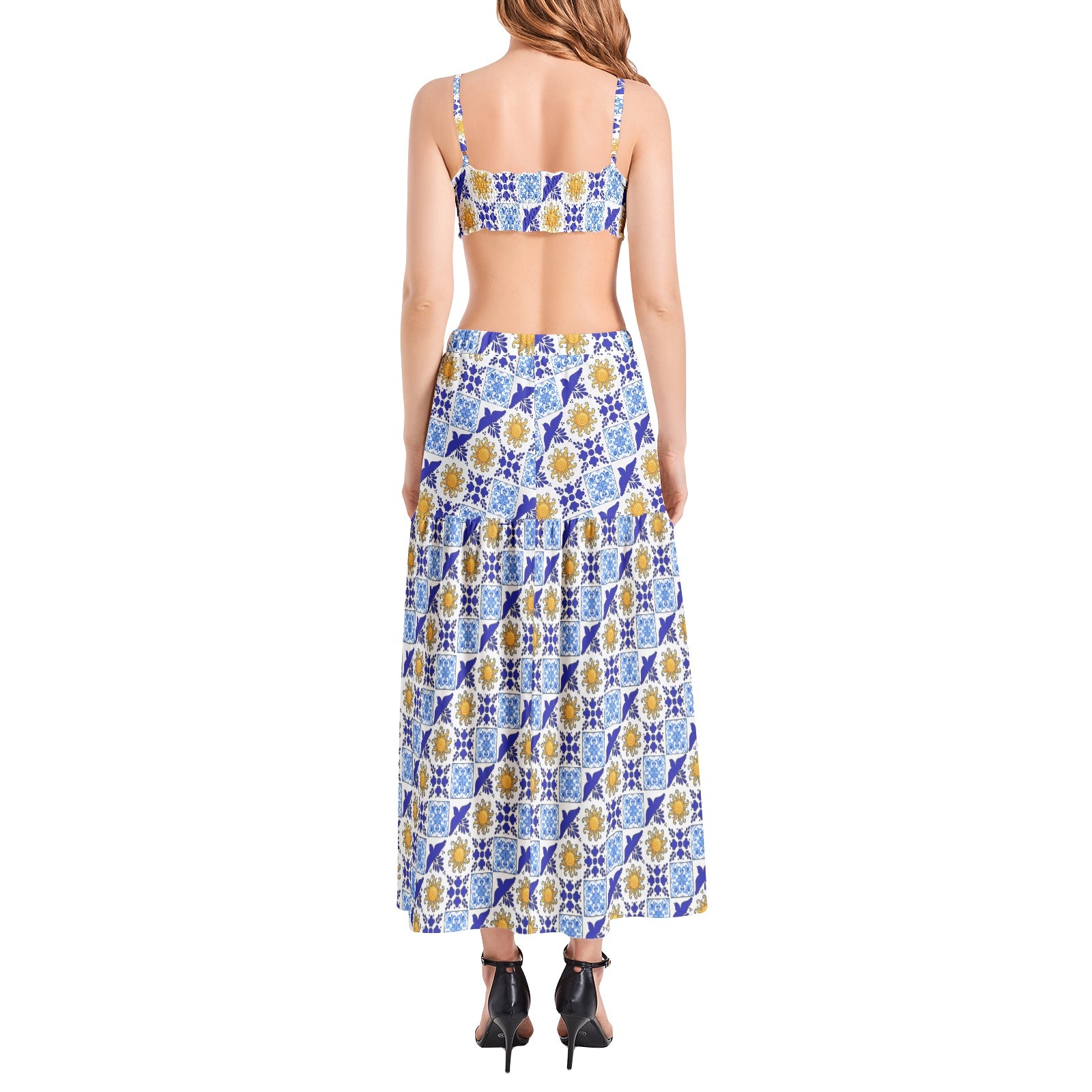 Talavera Sol style Bralette Top and High Slit Thigh Skirt Set with yellow sun and bright blue tiles