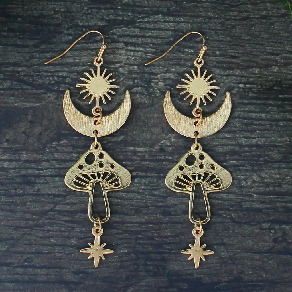 Celestial Magical Mushroom Gold Hook Earrings | 3" x 1" Gold Earrings Earrings La Vie Bien Celestial Magical Mushroom Gold Hook Earrings | 3" x 1" Gold Earrings