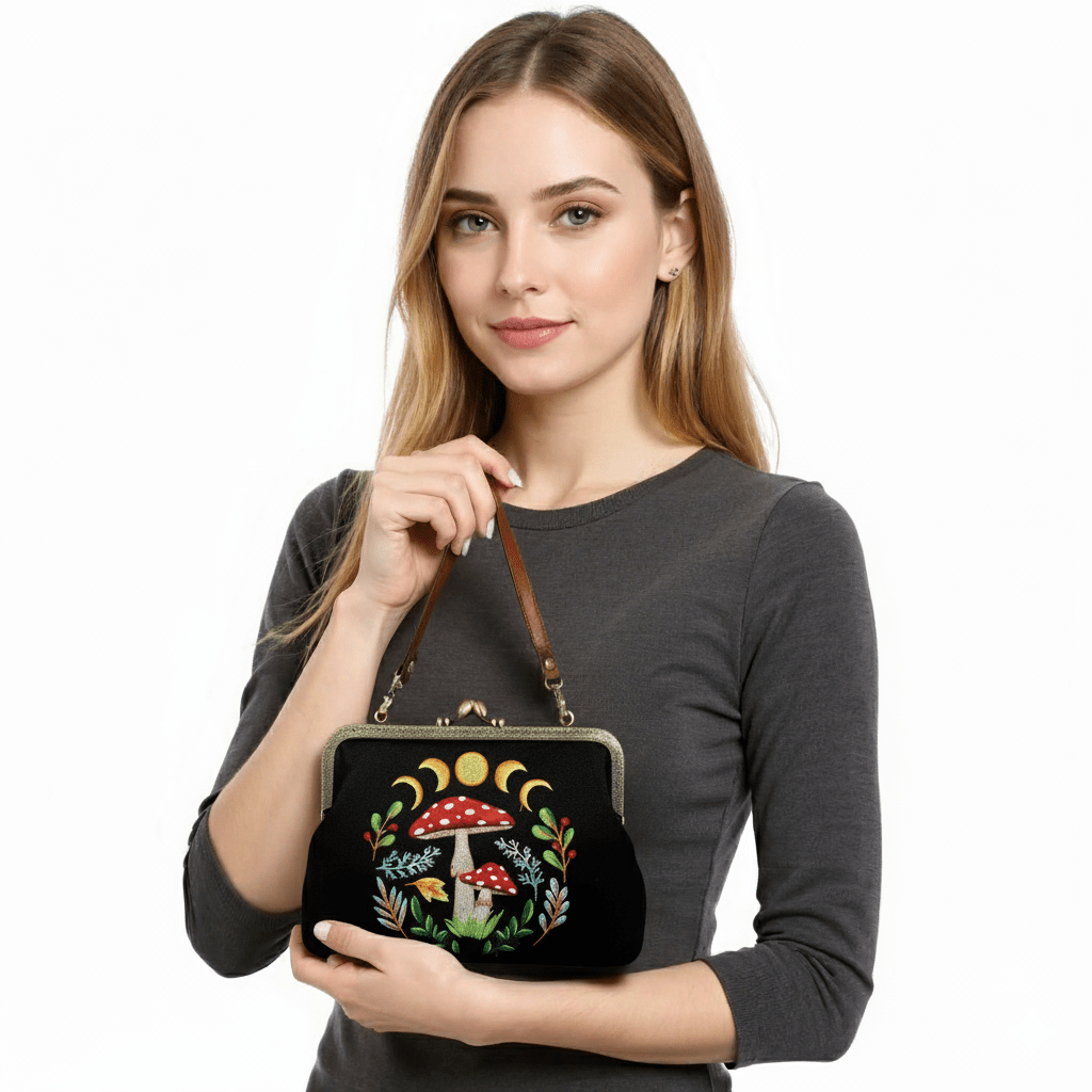 Celestial Mushroom Kiss Lock Bag in Linen Cotton Blend Mater wallet La Vie Bien Celestial Mushroom Kiss Lock Bag in Linen Cotton Blend Mater