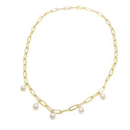 Celestial pearl and gold paperclip chain necklace by Alegria Accessories Inc