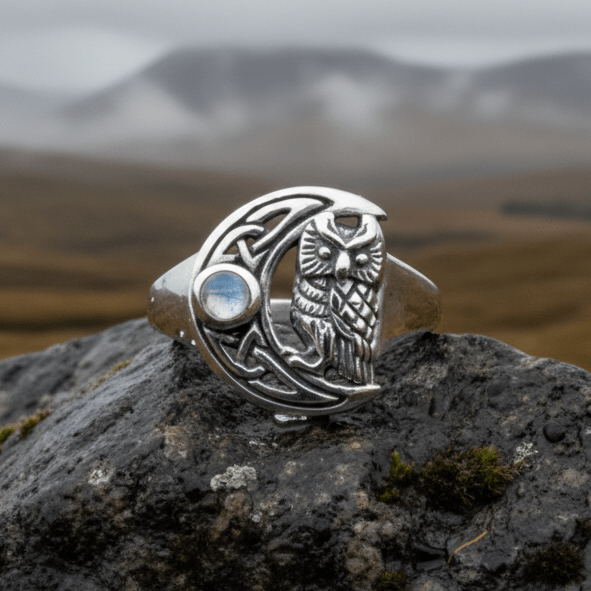 Celtic Owl Moon Ring with Moonstone Ring La Vie Bien Celtic Owl Moon Ring with Moonstone