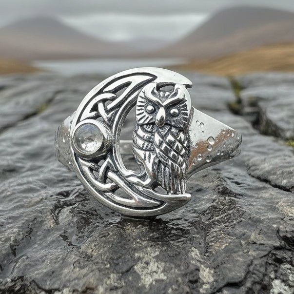 Celtic Owl Moon Ring with Moonstone Ring La Vie Bien Celtic Owl Moon Ring with Moonstone
