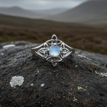 Celtic Starshine Moonstone Ring in Sterling Silver Ring La Vie Bien Celtic Starshine Moonstone Ring in Sterling Silver