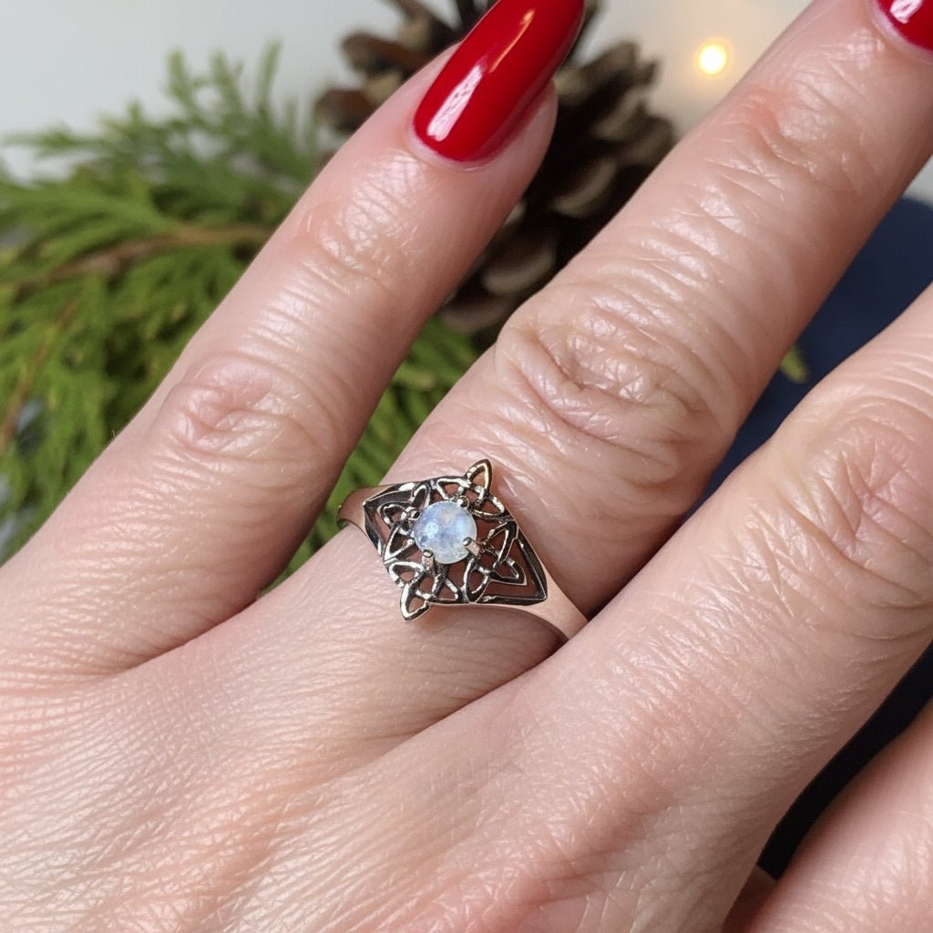 Celtic Starshine Moonstone Ring in Sterling Silver Ring La Vie Bien Celtic Starshine Moonstone Ring in Sterling Silver