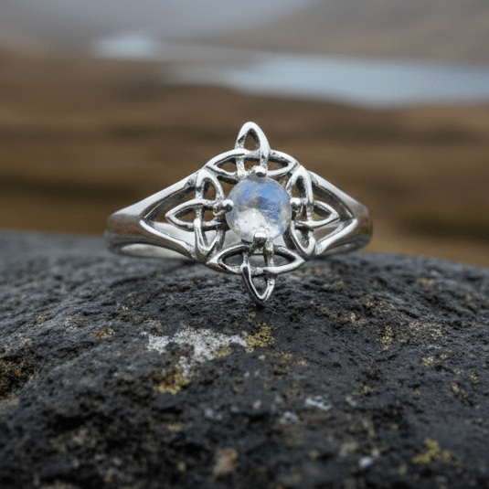 Celtic Starshine Moonstone Ring in Sterling Silver Ring La Vie Bien Celtic Starshine Moonstone Ring in Sterling Silver