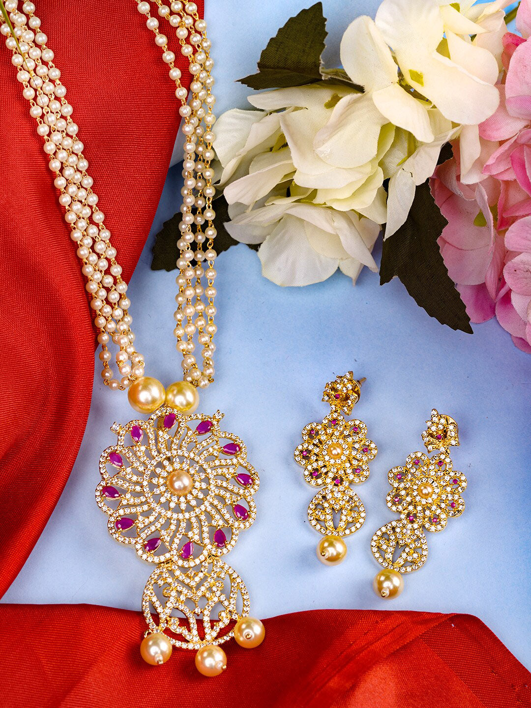 Saraf RS Jewellery Gold-Polished White & Pink American Diamond Studded & Beaded Handcrafted Set