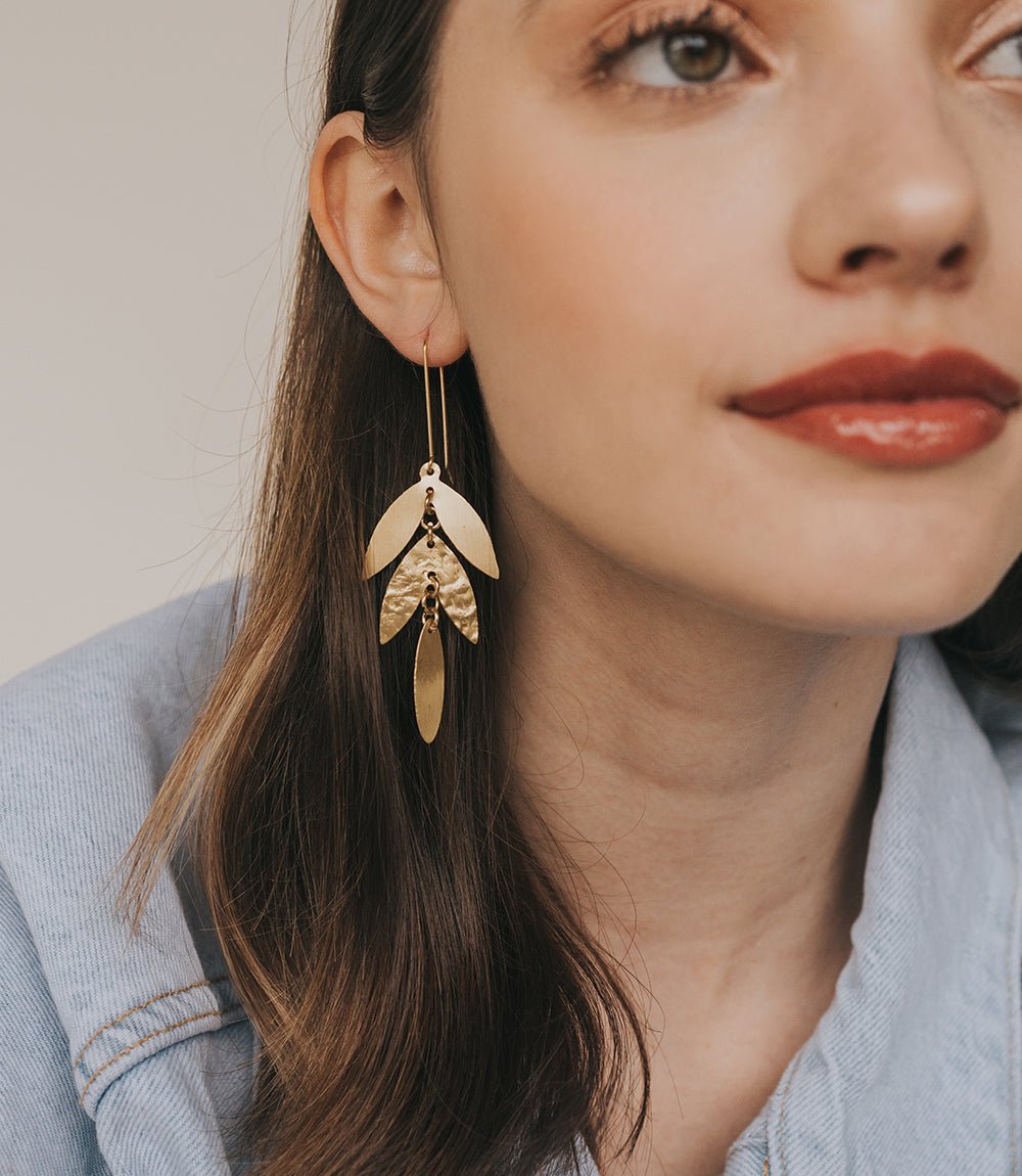 Chameli Leaf Chandelier Dangle Earrings HME stock line La Vie Bien Chameli Leaf Chandelier Dangle Earrings