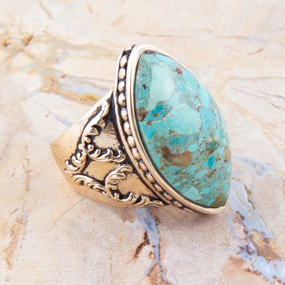 Champion Blue Turquoise Golden Cocktail Ring by Barse Jewelry