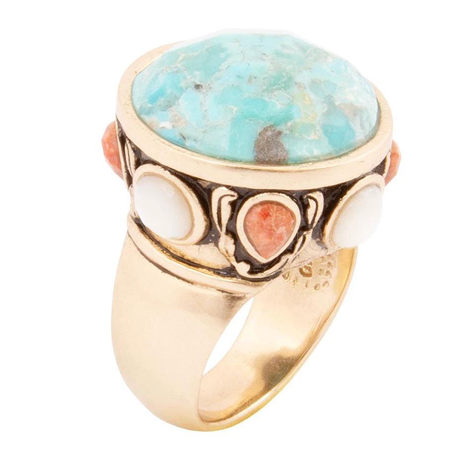 Champs Blue Turquoise and Coral Golden Statement Ring by Barse Jewelry