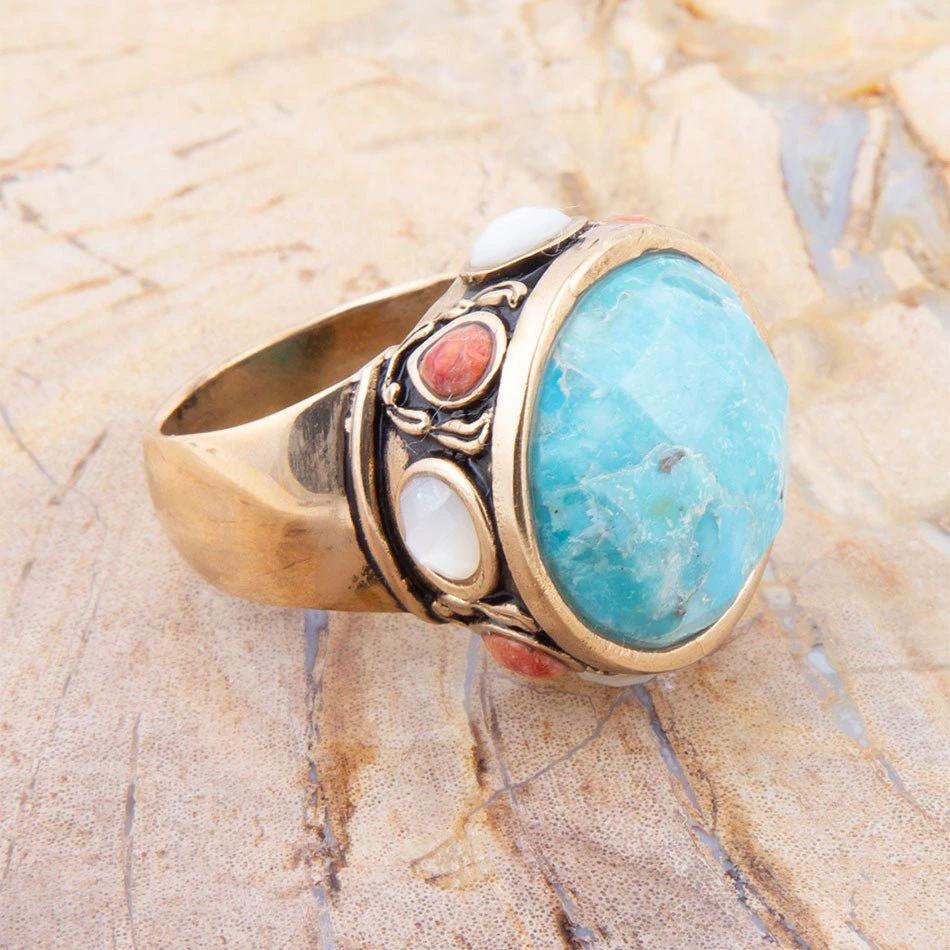 Champs Blue Turquoise and Coral Golden Statement Ring by Barse Jewelry