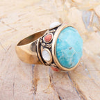 Champs Blue Turquoise and Coral Golden Statement Ring by Barse Jewelry