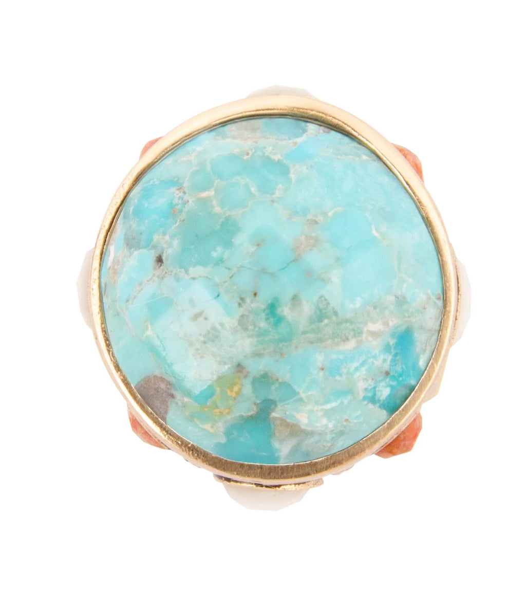 Champs Blue Turquoise and Coral Golden Statement Ring by Barse Jewelry