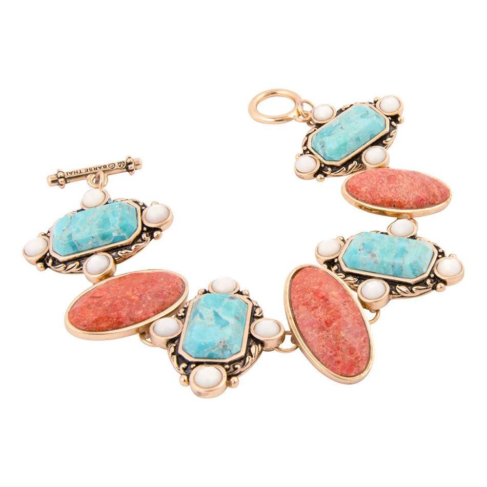Champs Blue turquoise and Orange Coral Golden Link Bracalet by Barse Jewelry