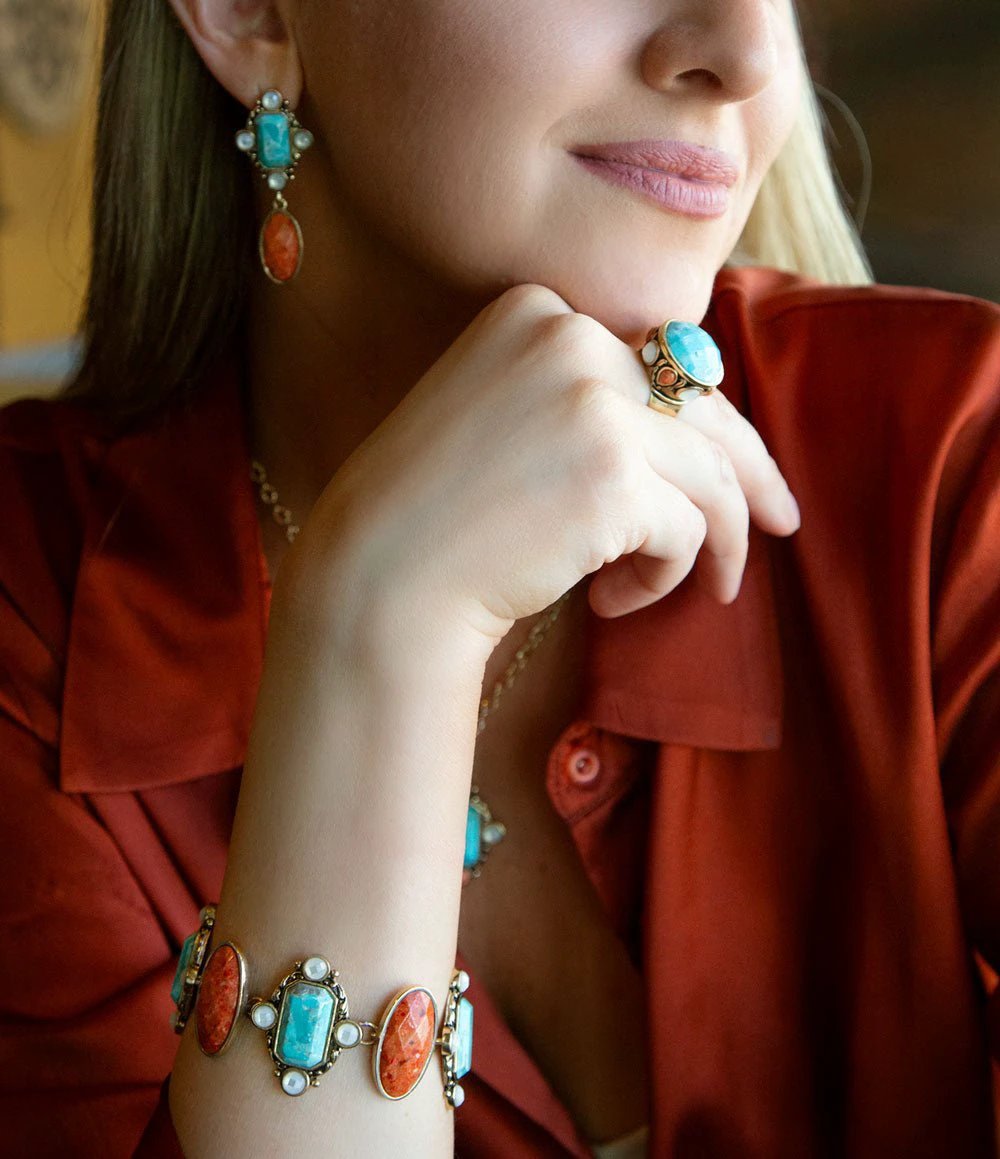 Champs Blue turquoise and Orange Coral Golden Link Bracalet by Barse Jewelry