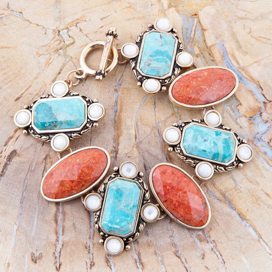 Champs Blue turquoise and Orange Coral Golden Link Bracalet by Barse Jewelry