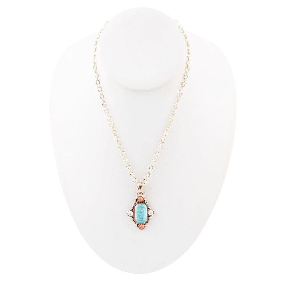Champs Blue Turquoise and Orange Coral Golden Pendant Necklace by Barse Jewelry