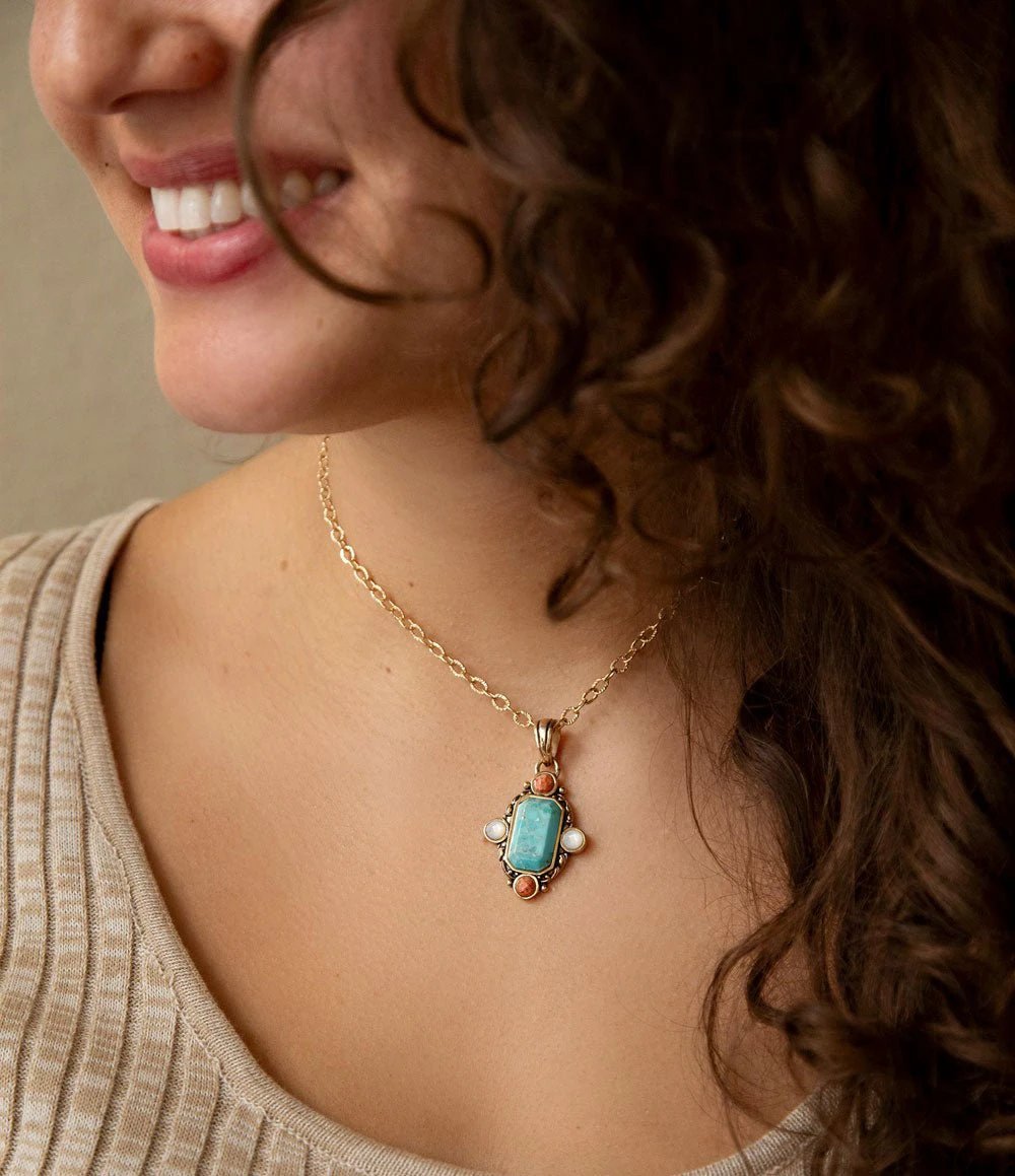 Champs Blue Turquoise and Orange Coral Golden Pendant Necklace by Barse Jewelry