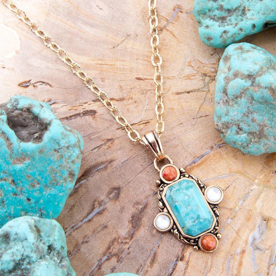 Champs Blue Turquoise and Orange Coral Golden Pendant Necklace by Barse Jewelry