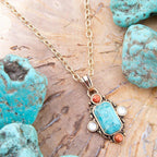 Champs Blue Turquoise and Orange Coral Golden Pendant Necklace by Barse Jewelry