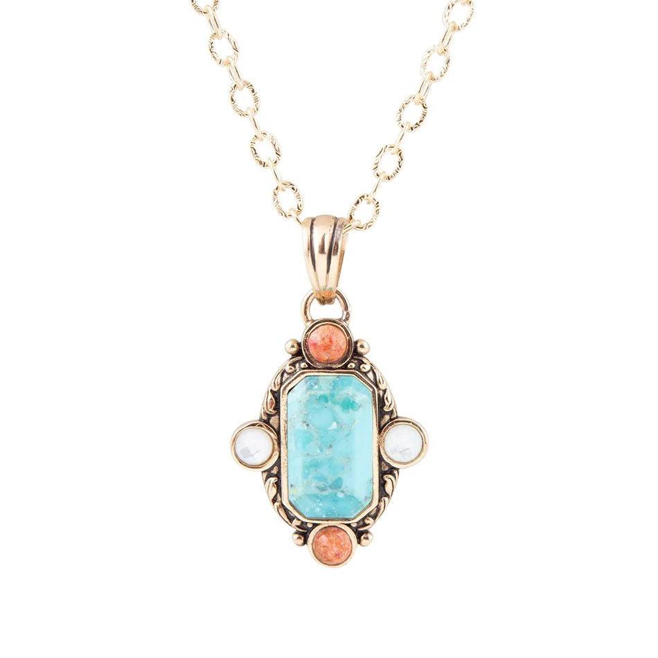 Champs Blue Turquoise and Orange Coral Golden Pendant Necklace by Barse Jewelry