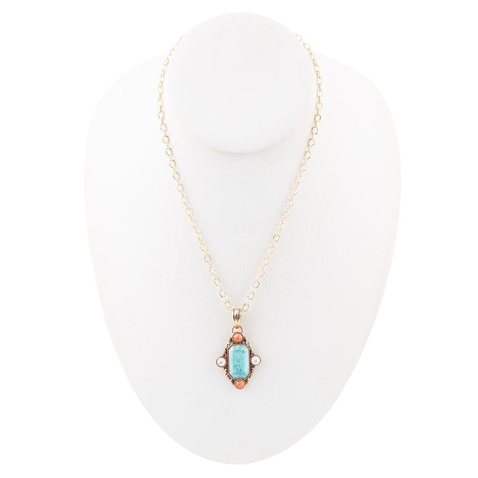 Champs Blue Turquoise and Orange Coral Golden Pendant Necklace Earrings La Vie Bien Champs Blue Turquoise and Orange Coral Golden Pendant Necklace