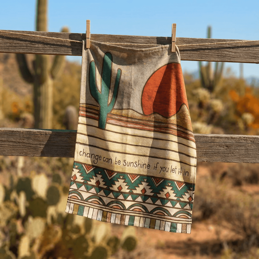 Change Can Be Sunshine If You Let It In Kitchen Towel | Woodburned Desert Hand Tea Dish Cloth | 18" x 28" Dish Towel La Vie Bien Change Can Be Sunshine If You Let It In Kitchen Towel | Woodburned Desert Hand Tea Dish Cloth | 18" x 28"