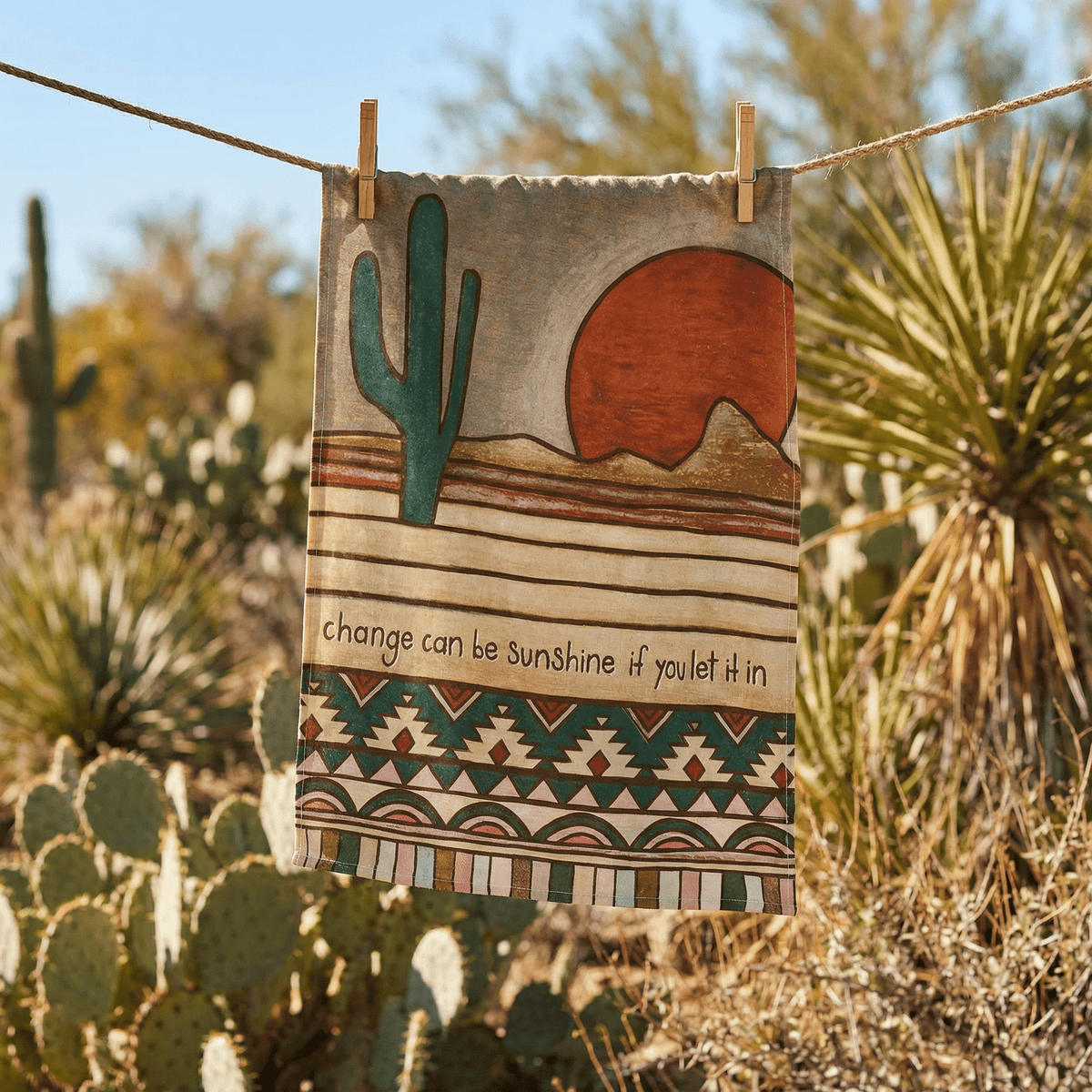 Change Can Be Sunshine If You Let It In Kitchen Towel | Woodburned Desert Hand Tea Dish Cloth | 18" x 28" Dish Towel La Vie Bien Change Can Be Sunshine If You Let It In Kitchen Towel | Woodburned Desert Hand Tea Dish Cloth | 18" x 28"