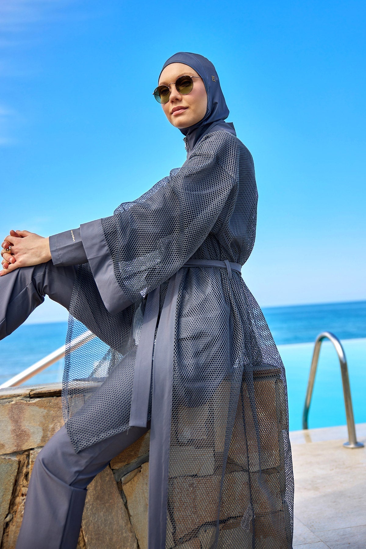 Charcoal Full Length Modest Mesh Kimono – Marina P2501-5 Pareo La Vie Bien Charcoal Full Length Modest Mesh Kimono – Marina P2501-5