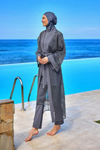 Charcoal Full Length Modest Mesh Kimono – Marina P2501-5 Pareo La Vie Bien Charcoal Full Length Modest Mesh Kimono – Marina P2501-5