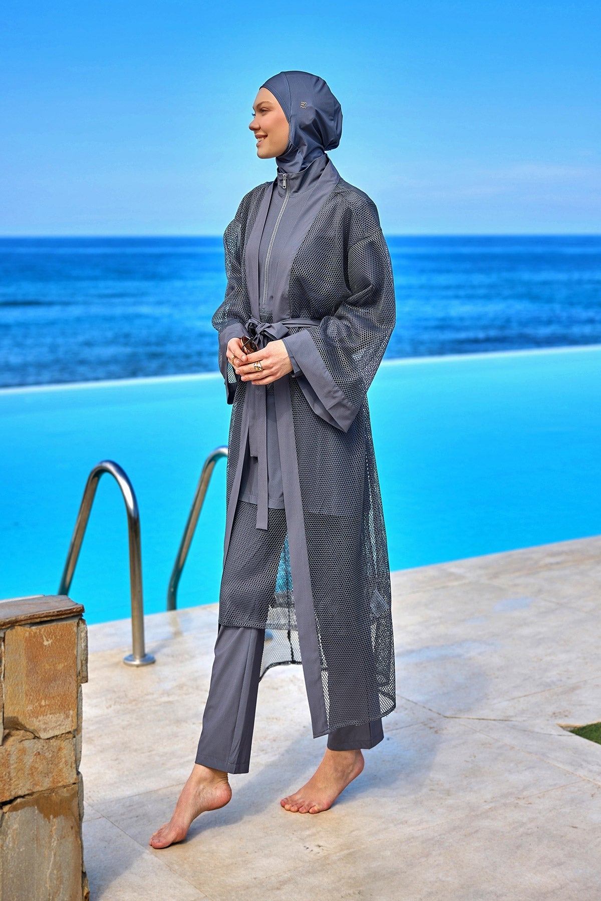 Charcoal Full Length Modest Mesh Kimono – Marina P2501-5 Pareo La Vie Bien Charcoal Full Length Modest Mesh Kimono – Marina P2501-5