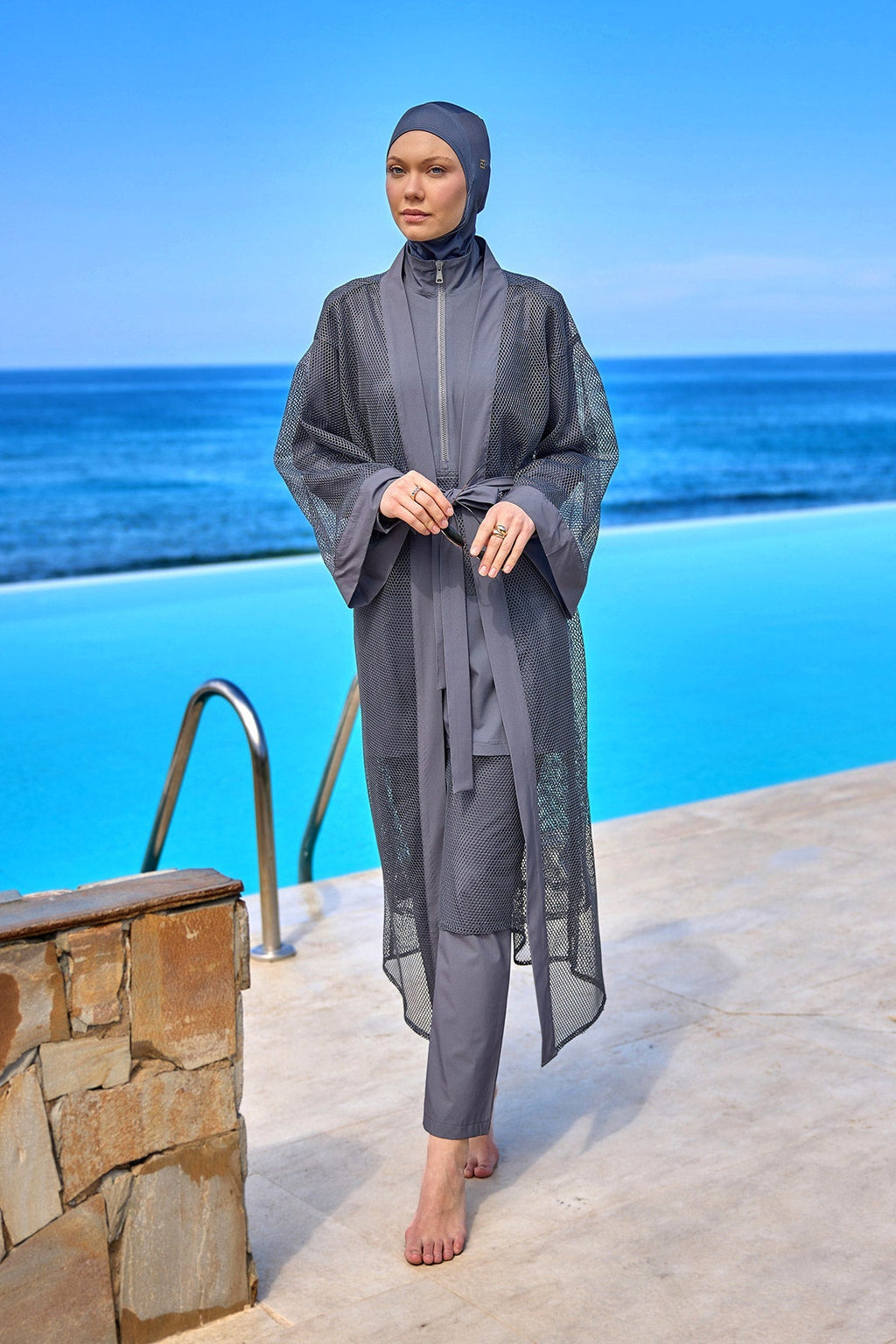 Charcoal Full Length Modest Mesh Kimono – Marina P2501-5 Pareo La Vie Bien Charcoal Full Length Modest Mesh Kimono – Marina P2501-5