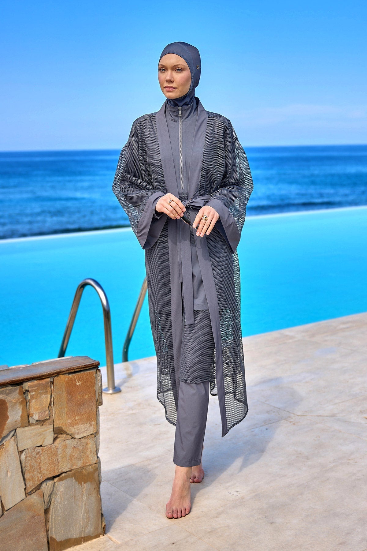 Charcoal Full Length Modest Mesh Kimono – Marina P2501-5 Pareo La Vie Bien Charcoal Full Length Modest Mesh Kimono – Marina P2501-5